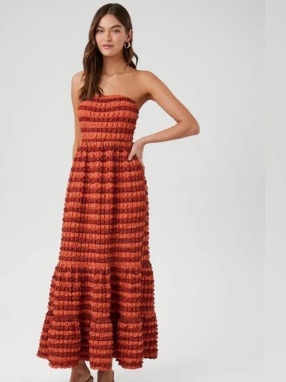NWT Forever 21 Strapless Textured Maxi Dress Orange Rust Size S Tiered Dress